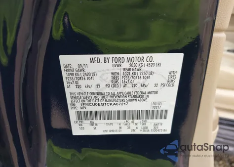 2012 Ford Escape Limited z USA, uszkodzony, nr VIN 1FMCU0EG1CKA67217